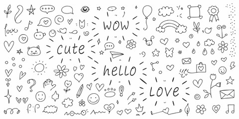 Collection of cute hand drawn doodle elements with words like love cute wow and hello