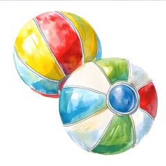Two colorful vibrant watercolor beach ball for the summer, beach ball on white background, colorful beach ball