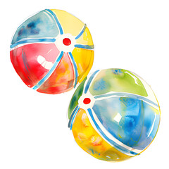 Two colorful vibrant watercolor beach ball for the summer, beach ball on white background, colorful beach ball