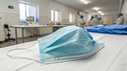 Close up of surgical mask on table in medical environment with healthcare workers