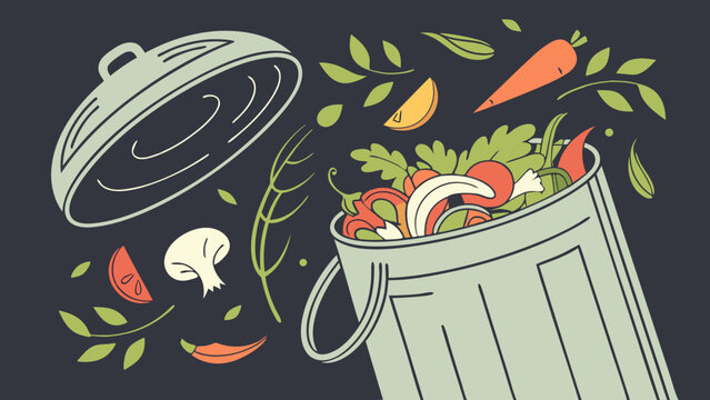 Food Waste in Trash Can Vegetables and Herbs Illustration Compost Bin Concept. - Powered by Adobe