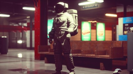 Obraz premium A lone astronaut in a retro spacesuit stands in a busy subway station, lit by overhead lights and bright ads, merging adventure with urban life.