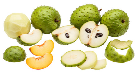 Soursop tropical fruit fresh whole and sliced with white background, healthy exotic fruit perfect for smoothies and juices