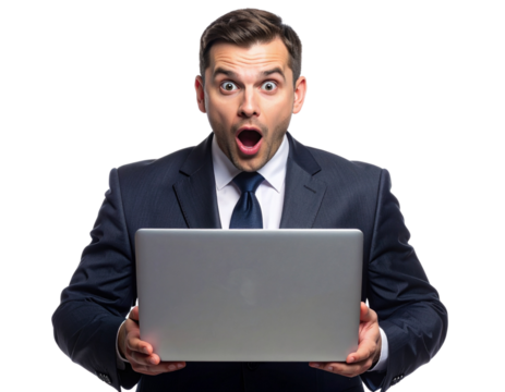 Shocked Businessman Holding Laptop with Mouth Open in Surprise, Front View, Transparent Background