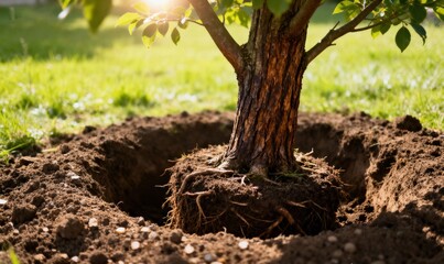A close-up of a young tree with exposed roots being prepared for planting in a dug hole
