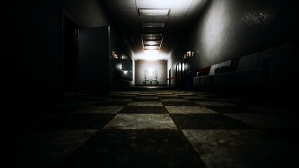 A dimly lit corridor stretches into the distance, illuminated by an eerie glow. Shadows dance on tiled floors, creating an unsettling atmosphere of suspense.