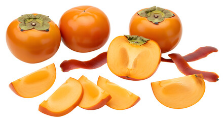 Fresh ripe persimmons whole and sliced isolated on white background, healthy autumn fruit perfect for food blogs and recipe content
