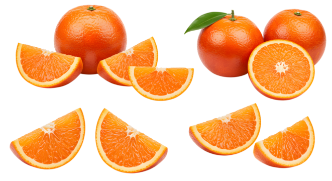 Fresh ripe oranges and orange slices isolated on white background, healthy citrus fruit perfect for recipes and snacks