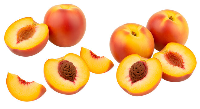 Fresh ripe peaches whole and sliced with visible pits isolated on white background, perfect for healthy recipes and fruit presentations