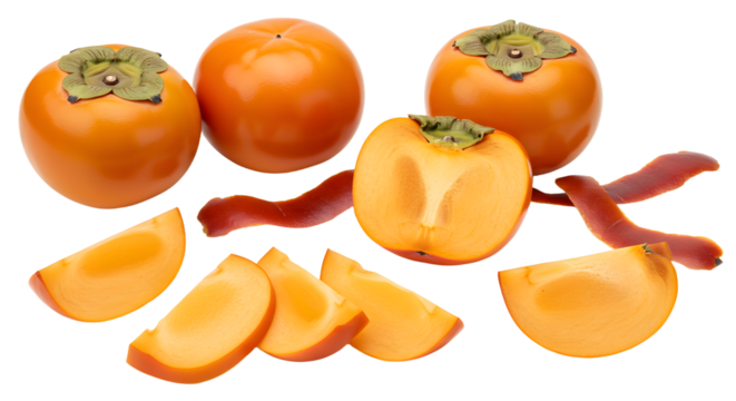 Fresh ripe persimmons whole and sliced isolated on white background, healthy autumn fruit perfect for food blogs and recipe content