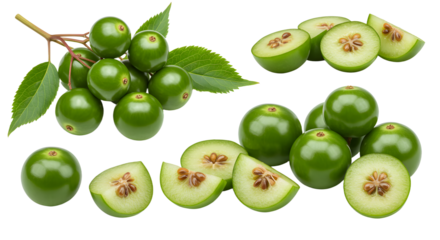 Fresh green miracle berries fruits and cross sections with leaves isolated on white background, natural sweet flavor, healthy tropical fruit