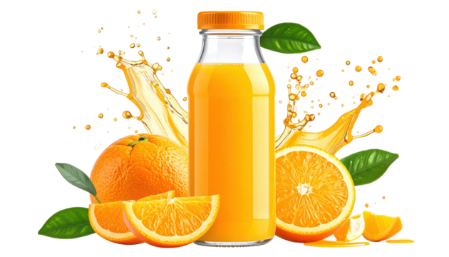 bottle of orange juice and fruit isolated on white and transparent, background Remove png.
