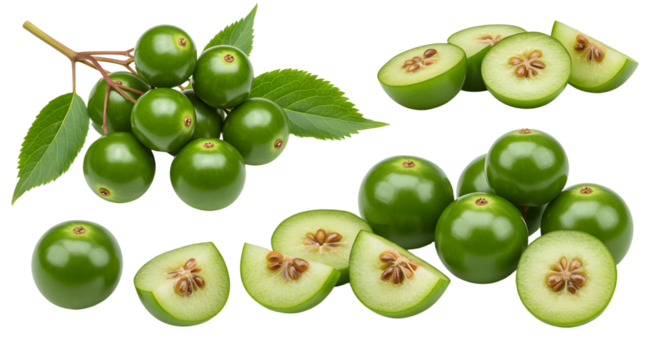 Fresh green miracle berries fruits and cross sections with leaves isolated on white background, natural sweet flavor, healthy tropical fruit