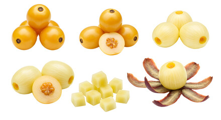 Fresh whole and sliced yellow melons with peeled segments and diced pieces isolated on white background, perfect for healthy recipes