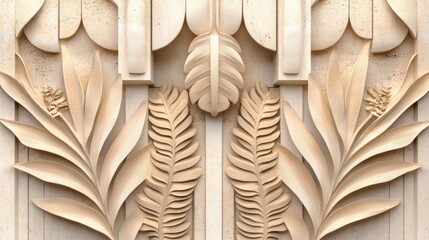 Ornate beige carved wall panel with leaves and geometric shapes. Detailed design