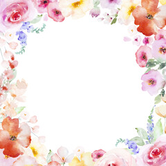 Frame with Watercolor pink and yellow flowers and leaves, pastel wedding isolated illustration