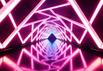 Abstract neon tunnel filled with radiant triangular patterns in ultraviolet tones, ideal for music visuals