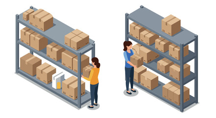 Warehouse inventory management with isometric shelving and packaging boxes