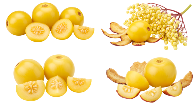 Fresh yellow physalis fruits whole and sliced with detailed seeds and husks isolated on white background, perfect for healthy food and cooking visuals
