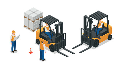 Obraz premium Industrial warehouse operations with forklifts and workers in isometric style