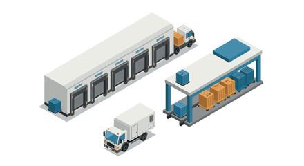 Isometric warehouse logistics with trucks and containers