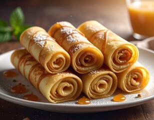 Stack of rolled crepes, dusted with sugar and syrup