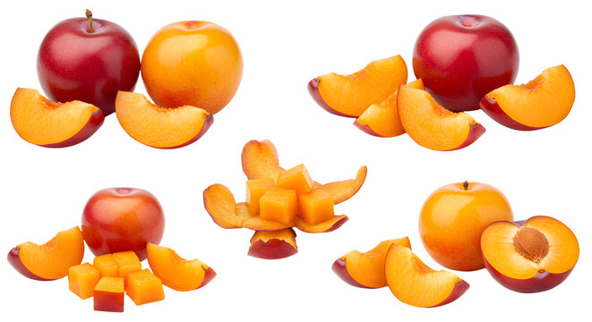 Ripe red and yellow peaches with slices and cubes isolated on white background, fresh summer fruit for healthy eating and cooking