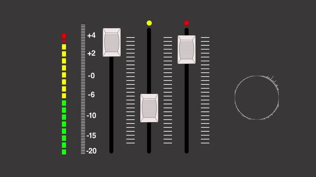 Slider view of audio mixing desk or console moving volume faders digital automated motion animation. On a transparent background audio spectrum and volume pictogram icon animation