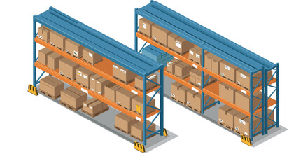 Industrial warehouse storage with boxes and metal shelves in isometric view