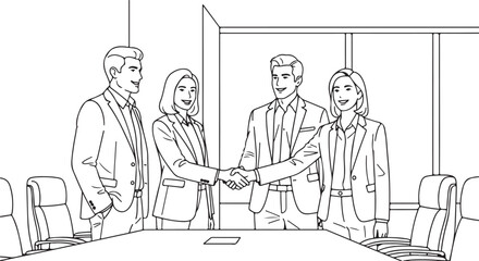 Monochromatic Line Art Business Professionals Shaking Hands in Conference Room