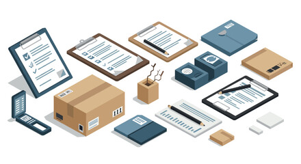 Isometric office supplies with clipboards, boxes, and stationery on a white background