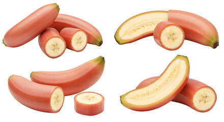 Ripe red bananas sliced and whole isolated on white background, tropical fruit close-up, healthy snack, fresh produce, perfect for food content