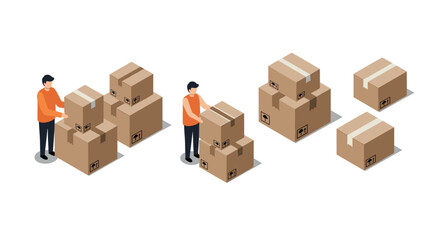 Warehouse workers organizing cardboard boxes in isometric style