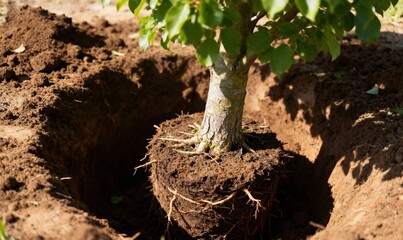 A close-up of a young tree with exposed roots being prepared for planting in a dug hole