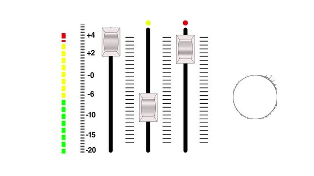 Slider view of audio mixing desk or console moving volume faders digital automated motion animation. On a transparent background audio spectrum and volume pictogram icon animation