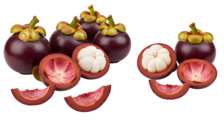 Fresh ripe mangosteen fruit with purple rind and white edible segments, isolated on white background, perfect for healthy eating and tropical fruit presentations