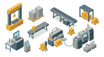 Obraz premium Isometric factory automation equipment with conveyor belts and packaging machines