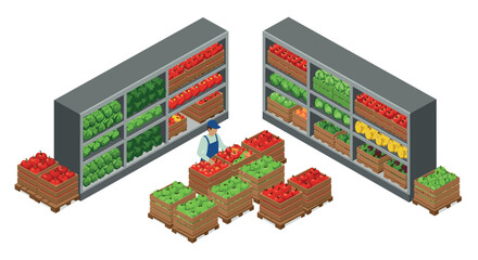 Fototapeta premium Isometric supermarket produce aisle with fresh fruits and vegetables displayed on shelves