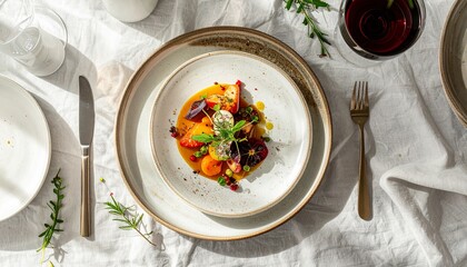 Top-down view of an elegantly plated gourmet dish featuring vibrant vegetables, herbs, and a savory sauce, set on a rustic table with wine and cutlery.