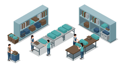 Obraz premium Isometric warehouse scene with workers organizing shelves and folding textiles on tables