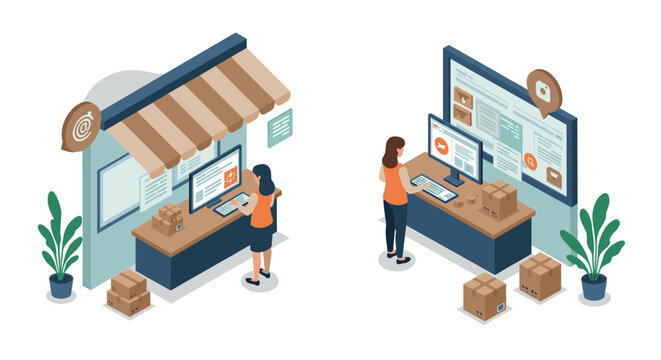 Isometric depiction of e-commerce order processing and online shopping experience