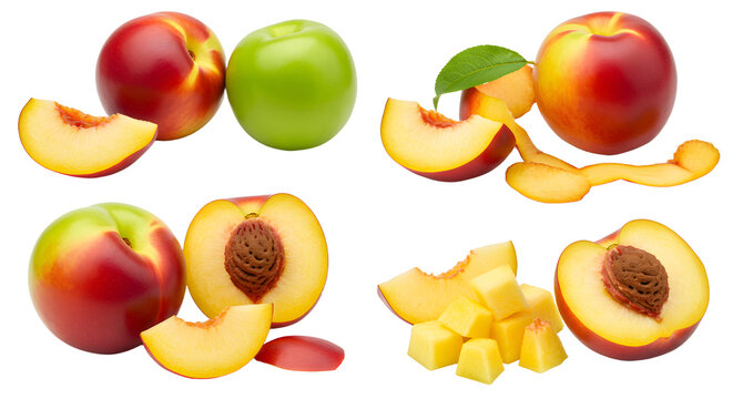 Fresh ripe peaches with green apple and peach slices on white background, healthy fruit close-up, perfect for cooking and nutrition content