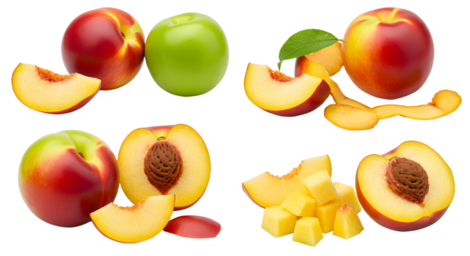 Fresh ripe peaches with green apple and peach slices on white background, healthy fruit close-up, perfect for cooking and nutrition content