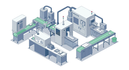 Isometric industrial robotic automation manufacturing factory assembly line