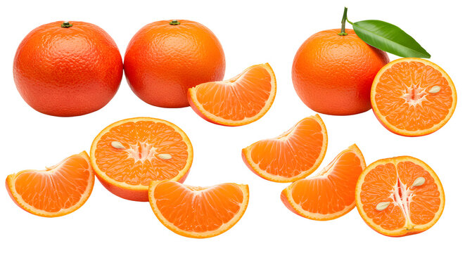 Fresh ripe tangerines with slices and leaves isolated on white background, healthy citrus fruit perfect for cooking and snacks - Powered by Adobe