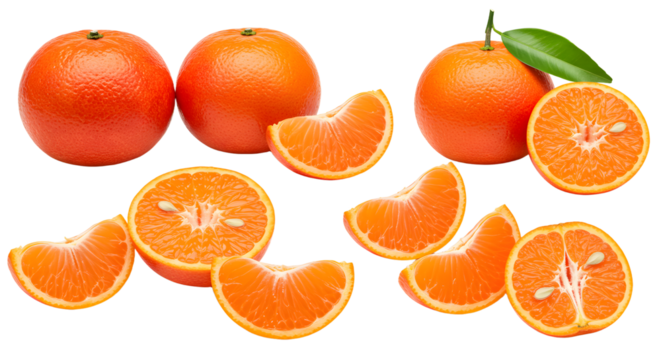 Fresh ripe tangerines with slices and leaves isolated on white background, healthy citrus fruit perfect for cooking and snacks