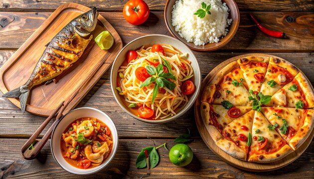 An overhead view of a diverse food spread on a rustic wooden table, featuring grilled fish, pizza, shrimp, salad, and rice, garnished with fresh ingredients.