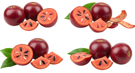 Fresh star apple fruit with green leaves isolated on white background, healthy tropical fruit perfect for organic food content