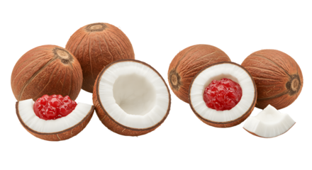Fresh whole and halved coconuts with red raspberries inside isolated on white background, tropical fruit concept, perfect for healthy eating or fresh food presentations