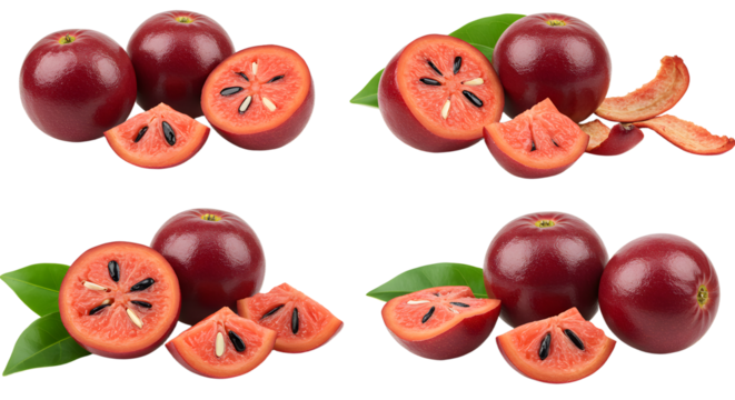 Fresh star apple fruit with green leaves isolated on white background, healthy tropical fruit perfect for organic food content